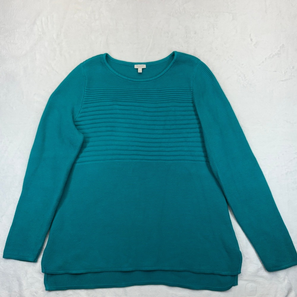 Talbots Teal Blue Textured Knit Crew Neck Sweater XL High Low Hem Long Sleeve